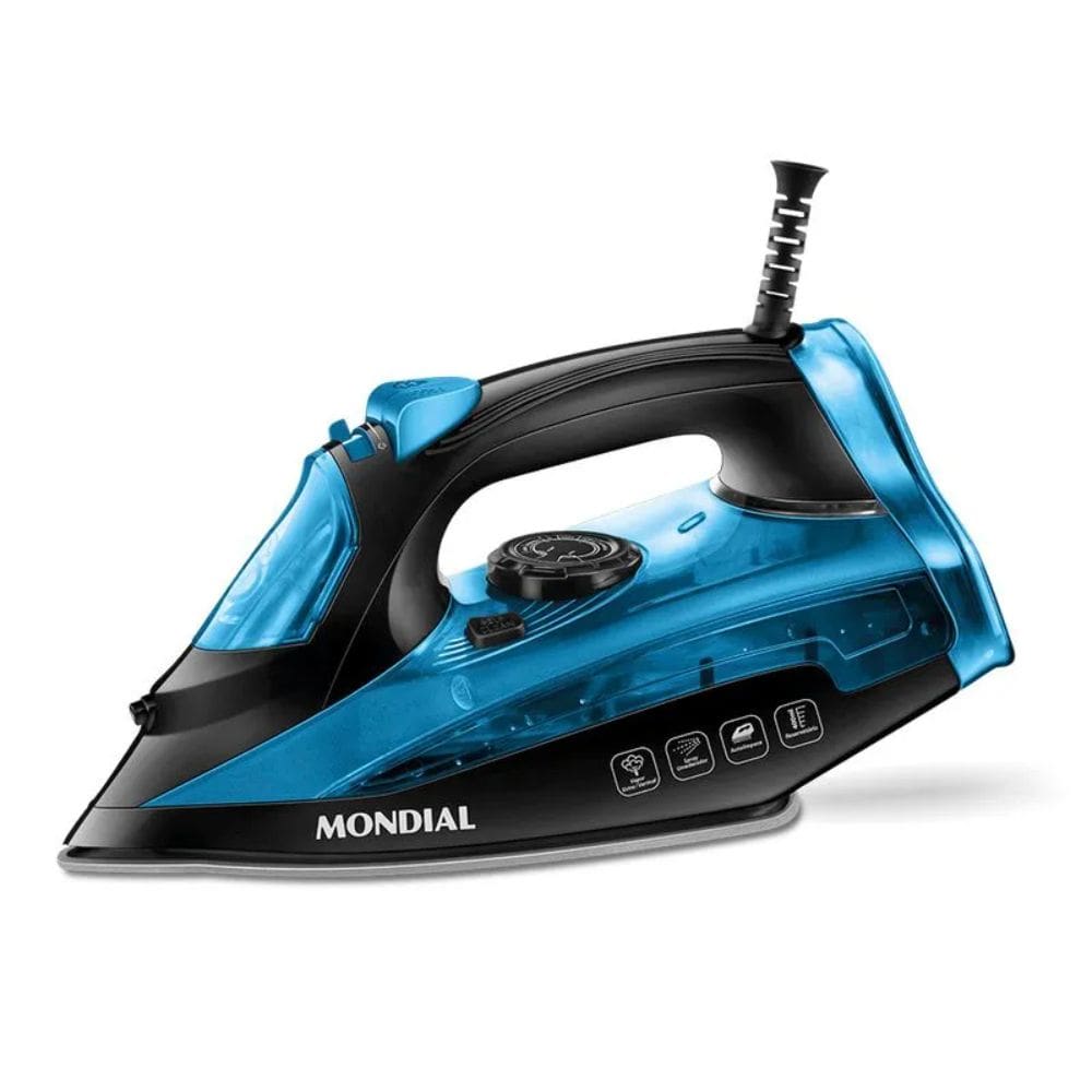 Ferro de Passar Roupa a Vapor e Seco Mondial Base Cerâmica Diamante 2000W Preto/Azul 127V - F-53