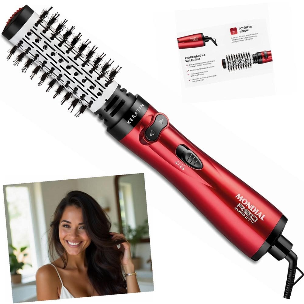 Escova Rotativa Mondial ER-11-KR 1000W Vermelha 3 em 1 Secagem Alisamento Modelagem
