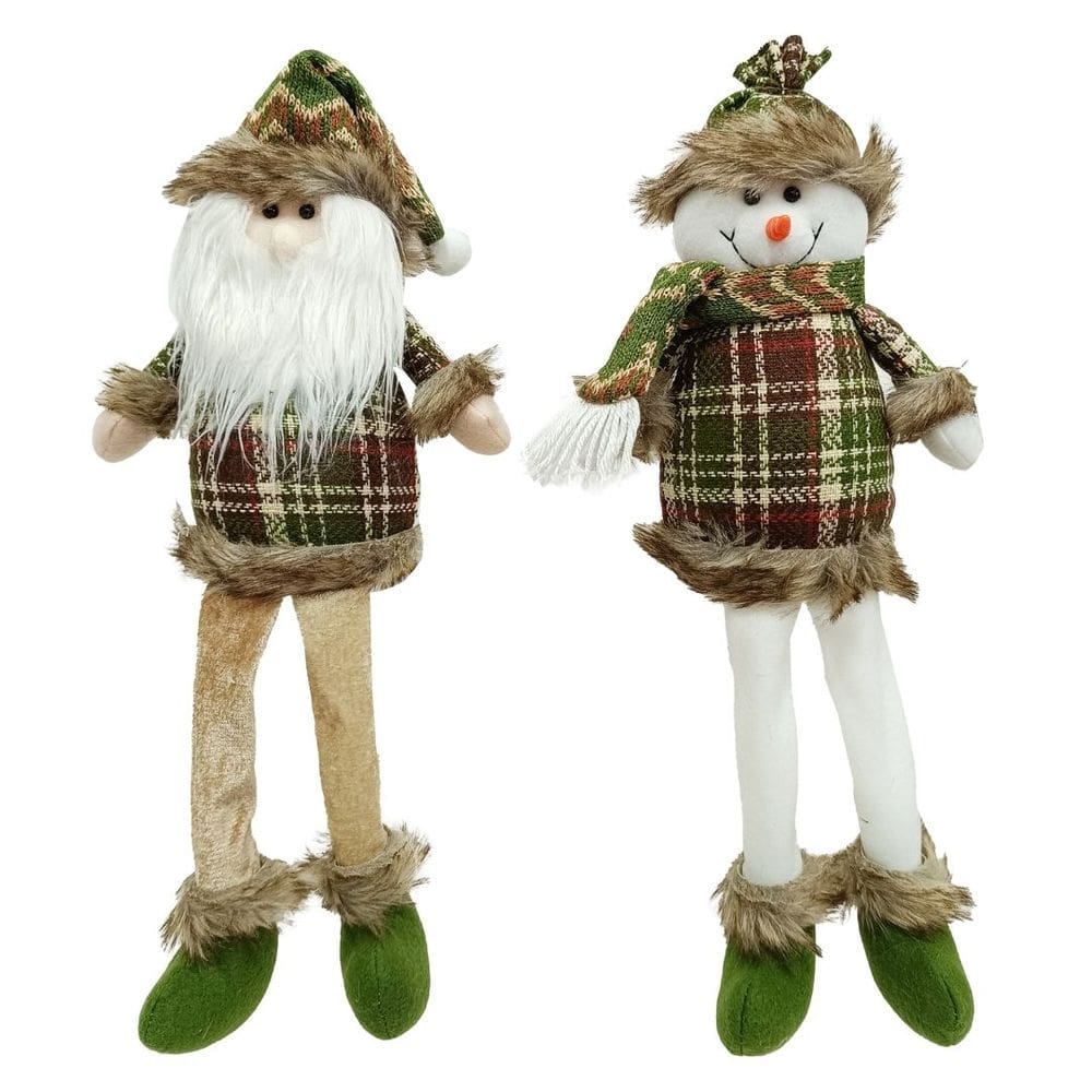 Jogo Papai Noel e Boneco de Neve Decorativos Natal Pelúcia Sentados Perna Mole Xadrez Verde e Champanhe Cachecol Crochê