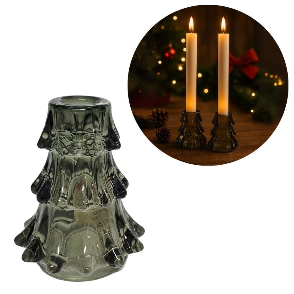 Porta Velas Natalino Vidro Cravejado Pinheiro Verde 11cm -Magizi