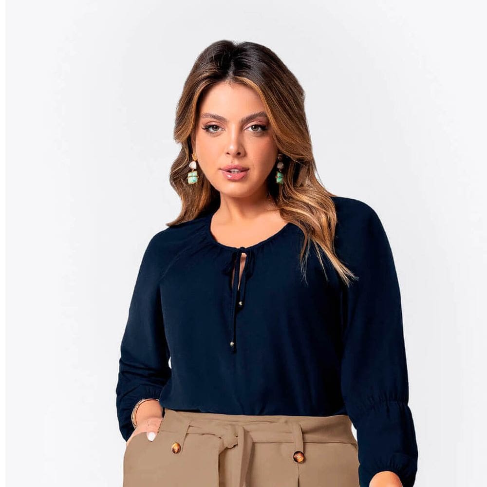 Blusa Feminina Plus Size Manga Longa Decote