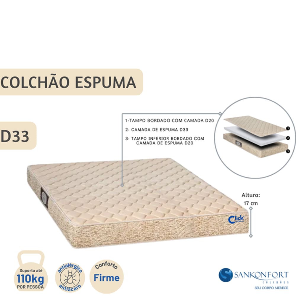 Colchão Espuma Casal Sankonfort  Toulon D33 Casal 138x188x17 - Resistente - Antialérgico
