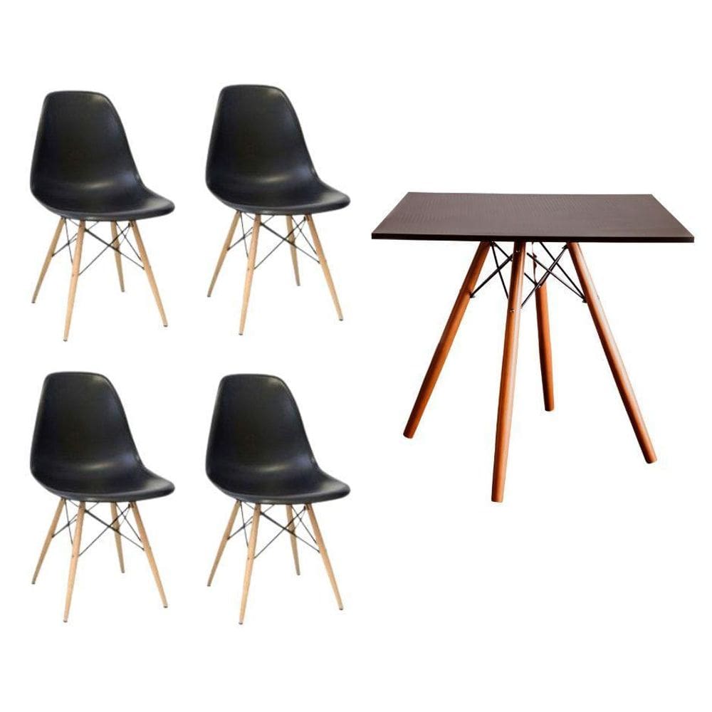 Kit Mesa Eiffel Preta Quadrada  80Cm  + 04 Cadeiras Eiffel
