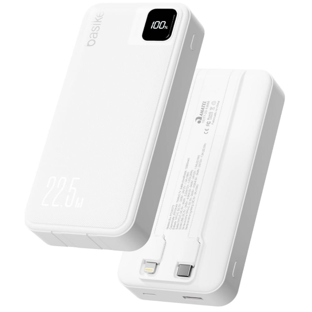 Carregador Portatil 20.000mAh Basike Power Bank USB C e Lightning White