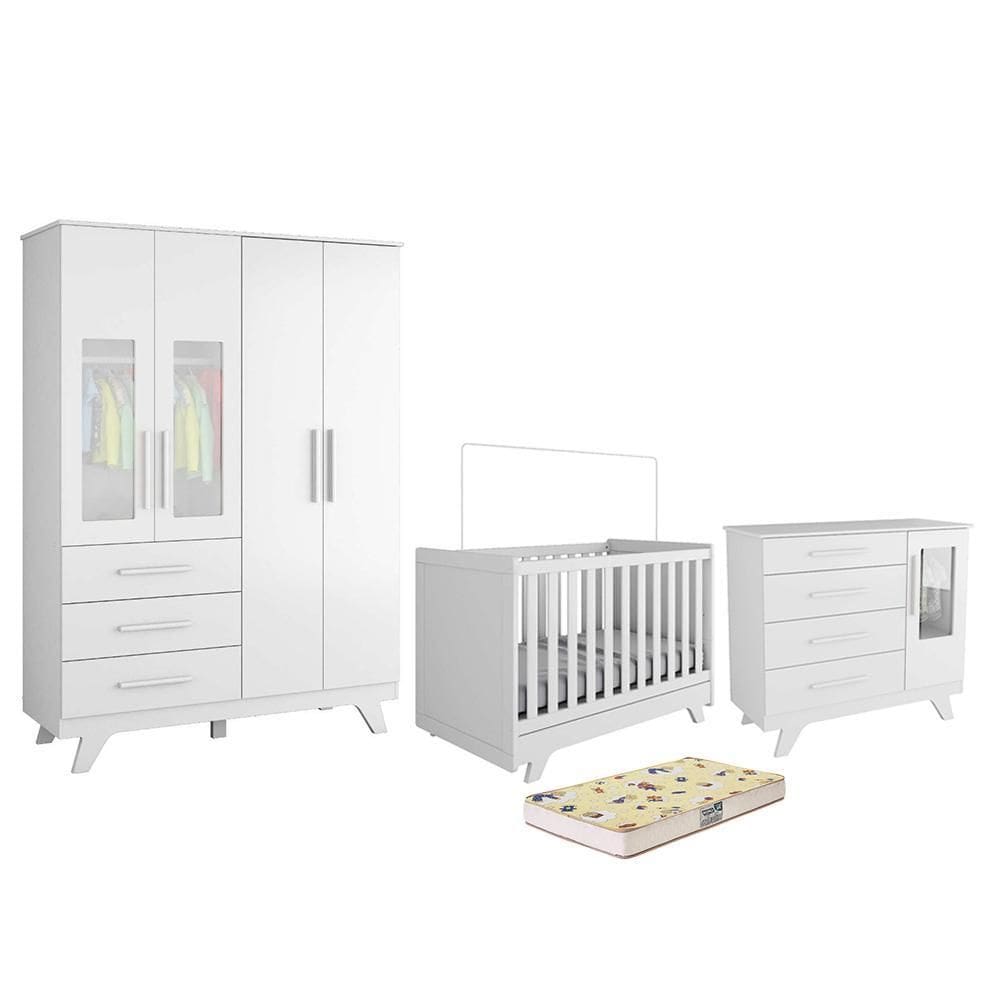 Dormitório Infantil Retrô Janelas Guarda Roupa, Cômoda e Berço com Colchão Supreme - Móveis Peroba