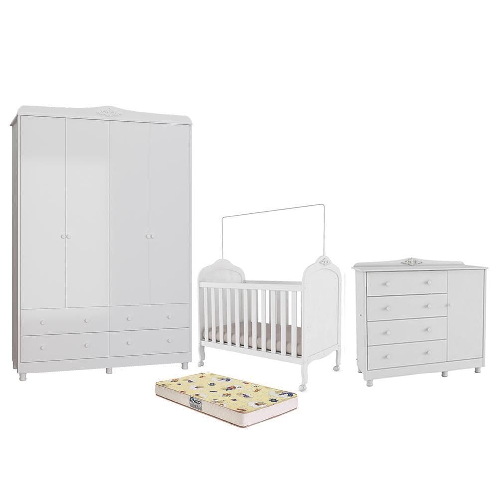 Dormitório Infantil Elô Guarda Roupa, Cômoda e Berço com Colchão Supreme - Móveis Peroba