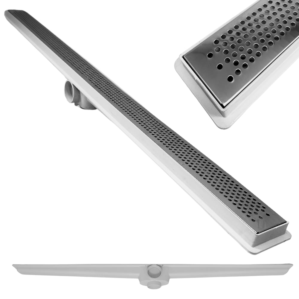 Ralo Linear Inox Polido 50cm x 5cm Perfurado Bolinha com Coletor Branco Saídas 40mm com Tela (5cm x 51cm)