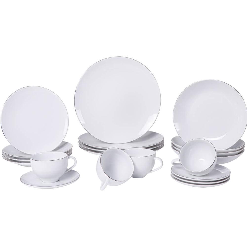 Jogo de Jantar 20 Peças Tramontina Atena Porcelana Branco 4 Pessoas Filete Prata