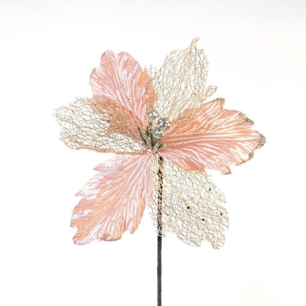 Kit 4 Flores Rosa Artificiais Decoração Natal Glitter 30cm