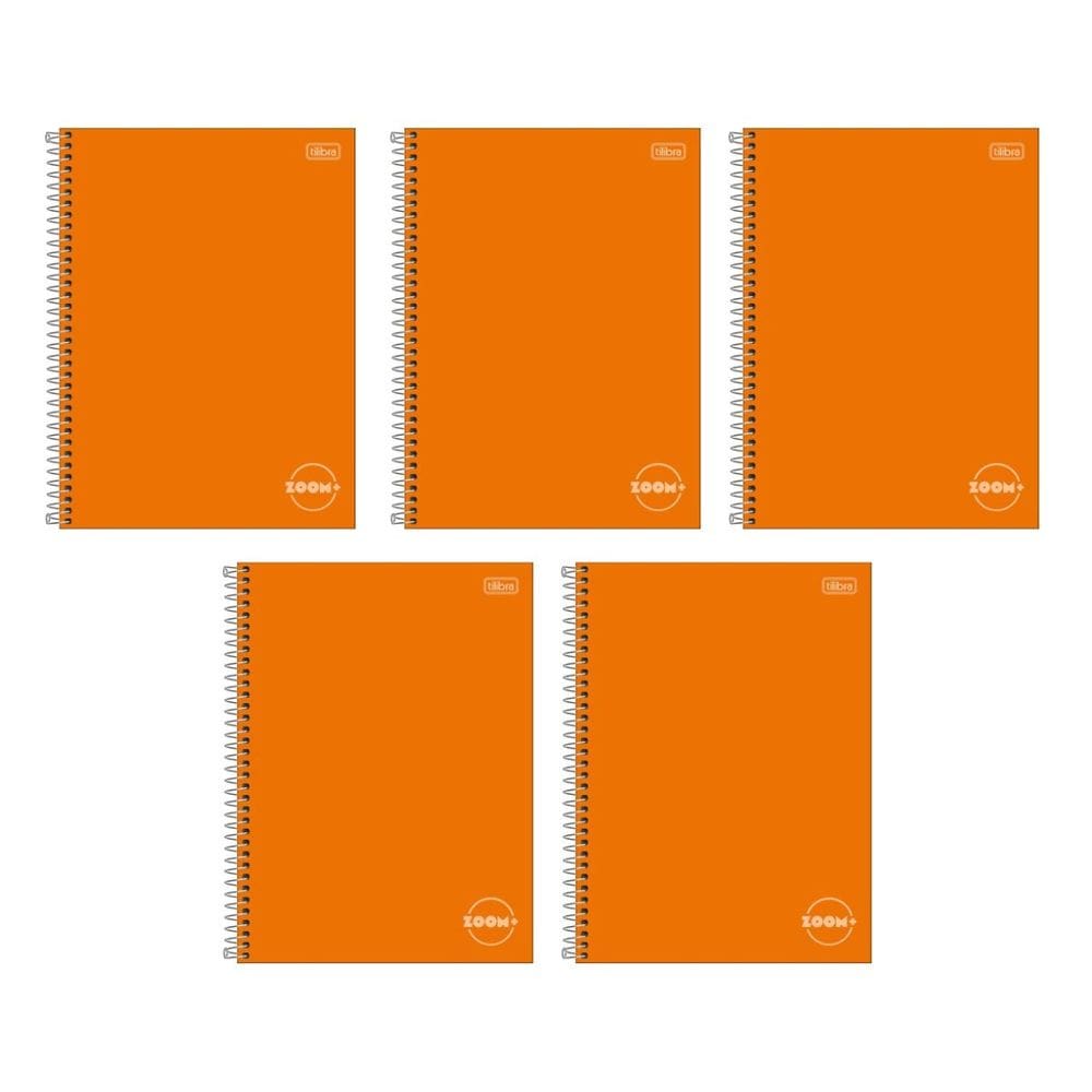Kit com 5 Cadernos Universitário Espiral Tilibra com 96 Folhas Pautadas Zoom Laranja Escolar Aula
