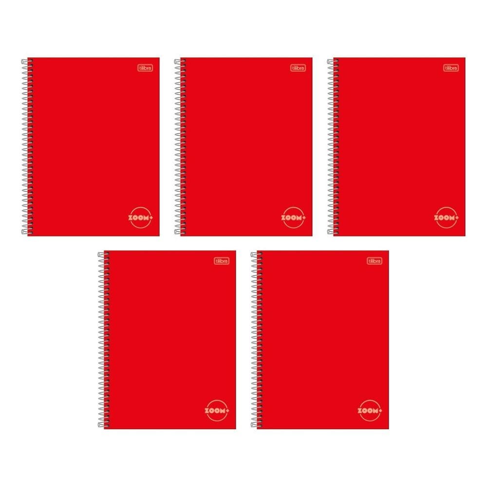 Kit com 5 Cadernos Universitário Espiral Tilibra com 96 Folhas Pautadas Zoom Vermelho Escolar Aula
