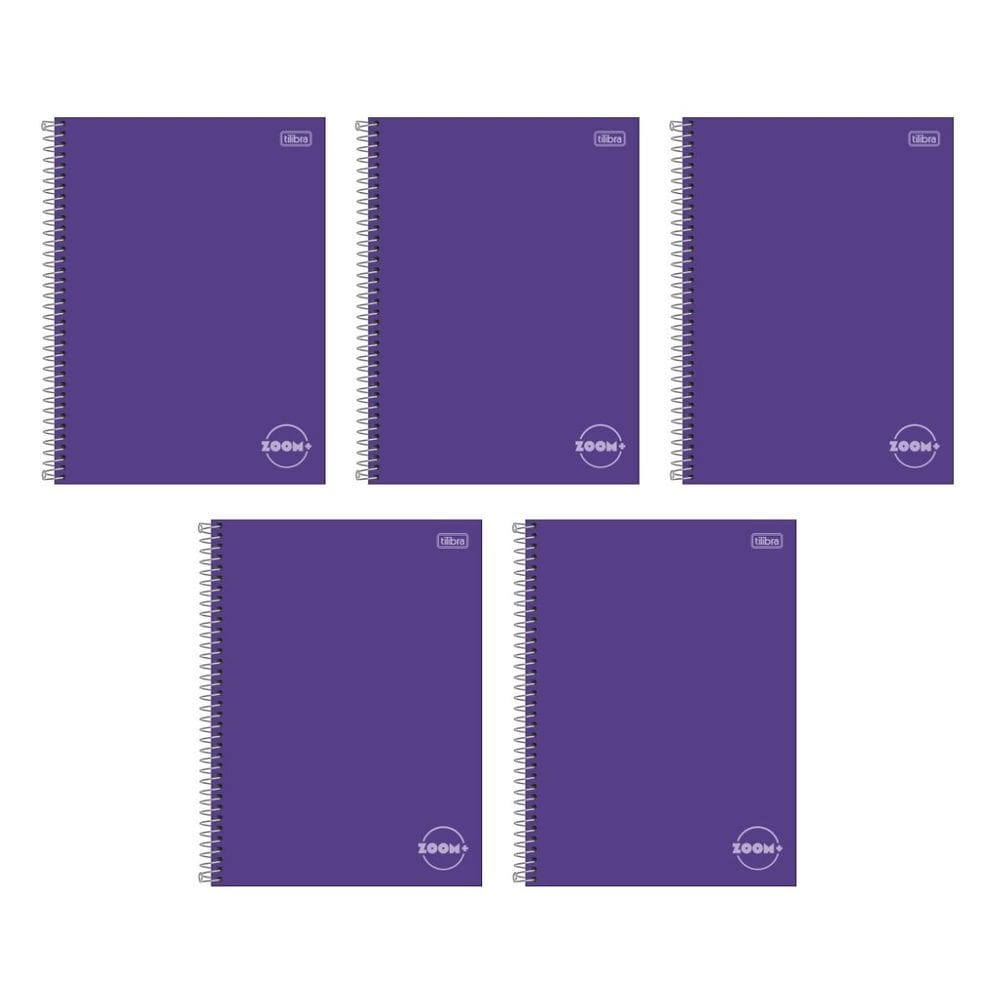 Kit com 5 Cadernos Universitário Espiral Tilibra com 96 Folhas Pautadas Zoom Roxo Escolar Aula