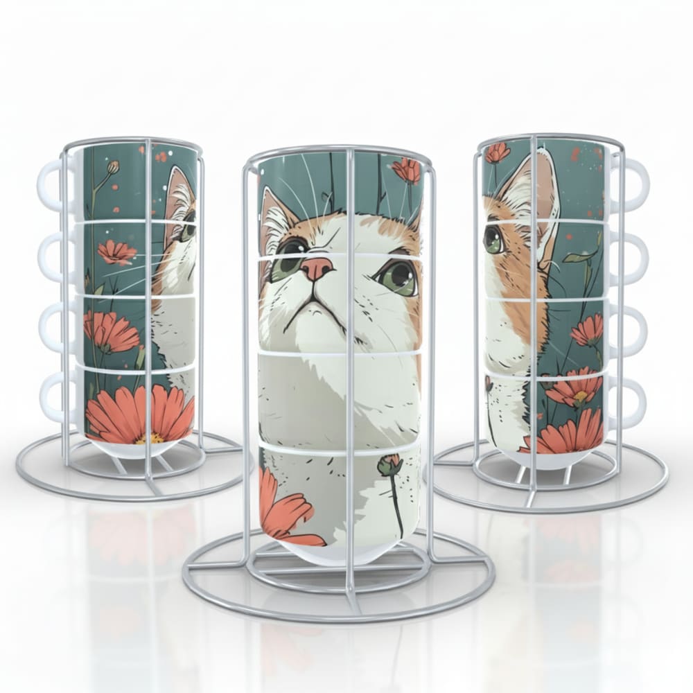 Jogo Xícaras Empilháveis Gato Gatinho Mosaico Decoração Fofa