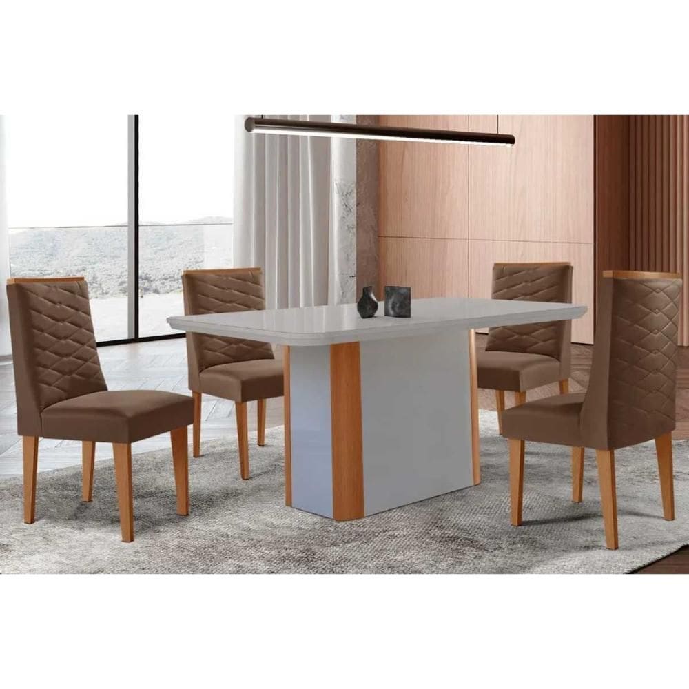 Conjunto Sala de Jantar Pietá c/ Tampo Madeirado c/ Vidro Canto Curvo 120x80cm e 4 Cadeiras Dafne Madeira Maciça Naturale/Off White - Capuccino/Suede