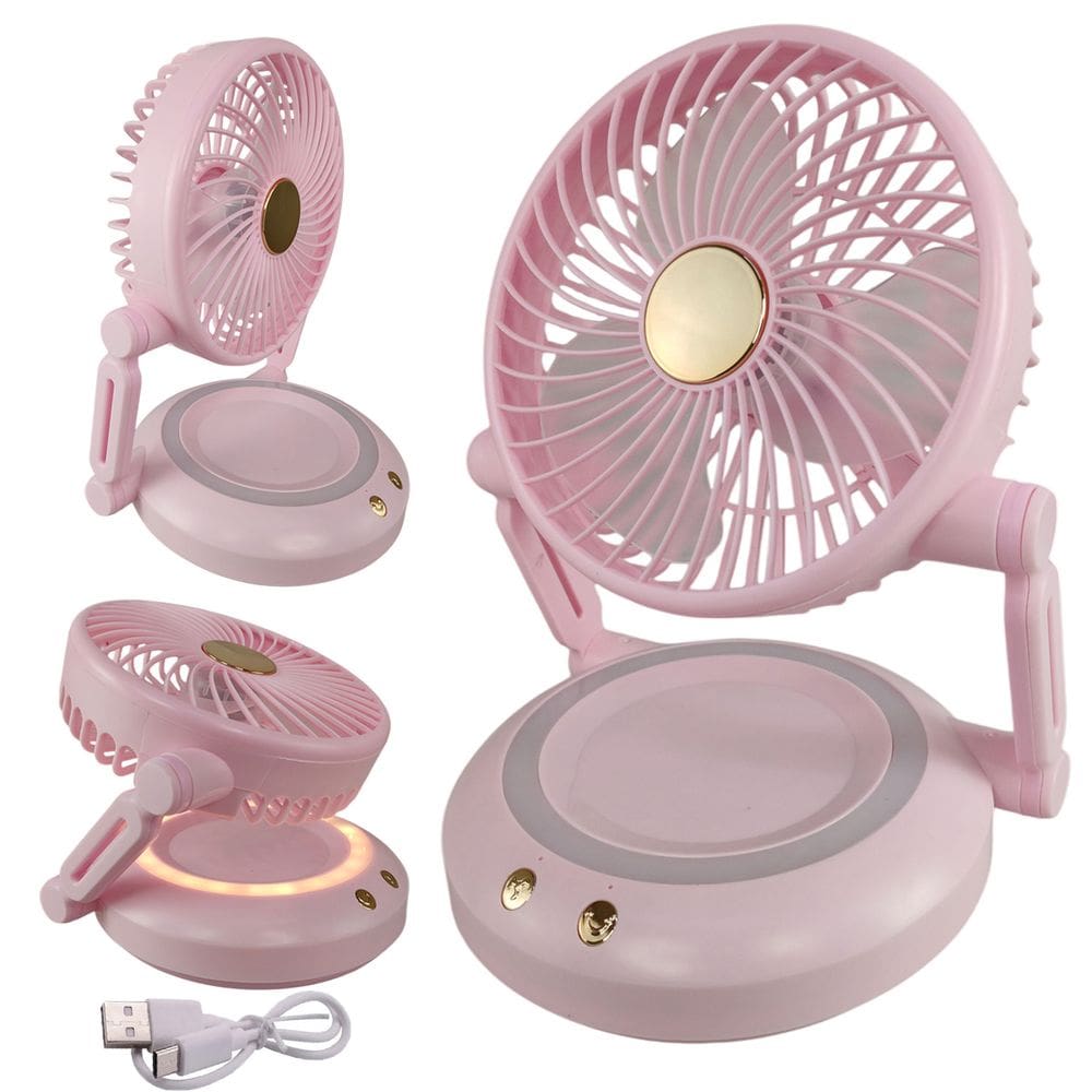 Ventilador Mesa Dobravel 3 Velocidades Giratorio Angulo Ajustavel Iluminaçao Led Cabo Usb Recarregavel Verao Sol