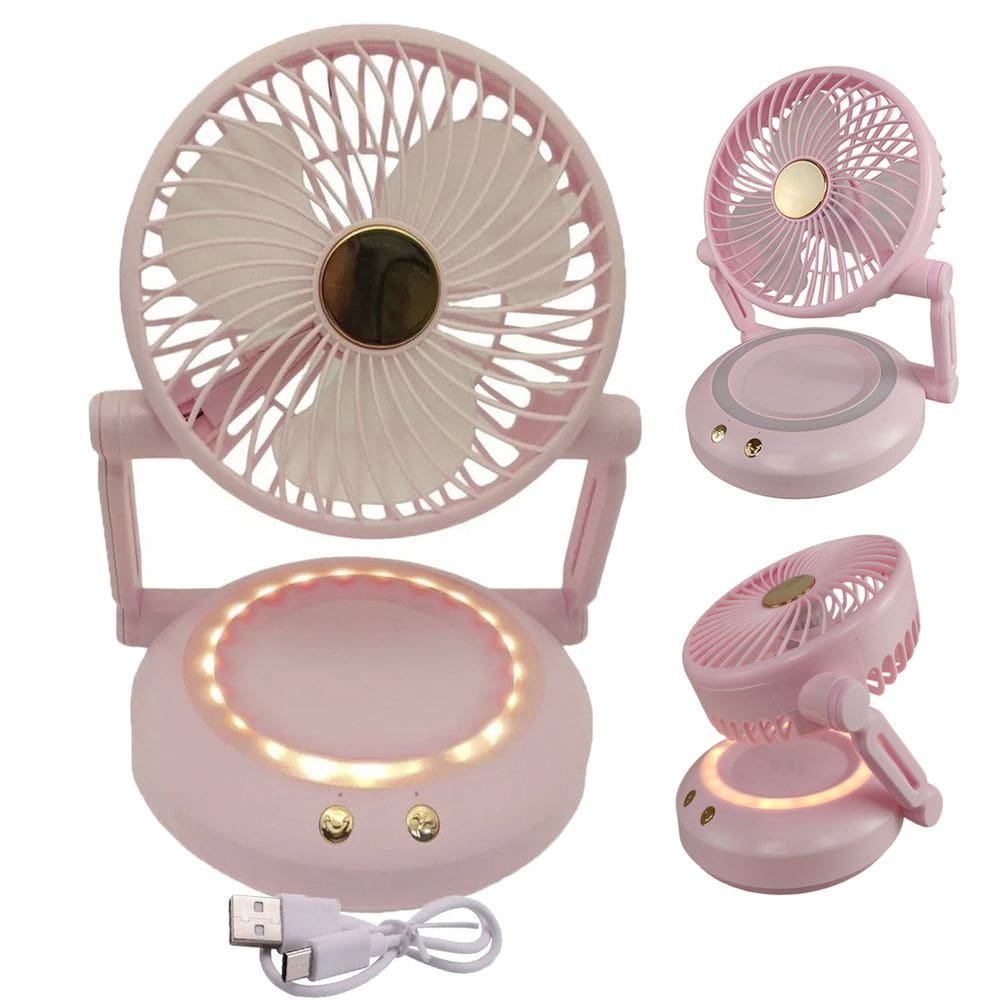 Ventilador Mesa Dobravel 3 Velocidades Angulo Ajustavel Luz Led Iluminaçao Usb Portatil Verao Calor Maquiagem Penteado