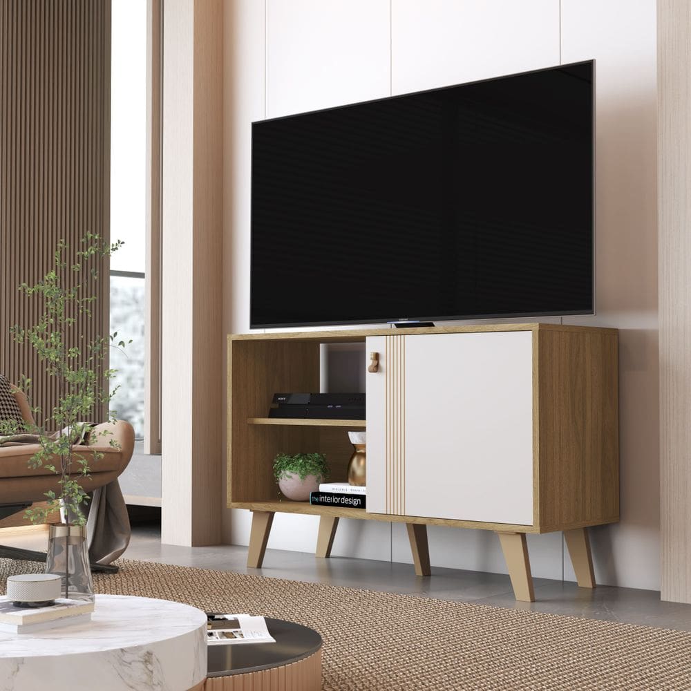 Rack Sevilha 90cm Para Tv Com 1 Porta Nicho E Pés De Polipropileno