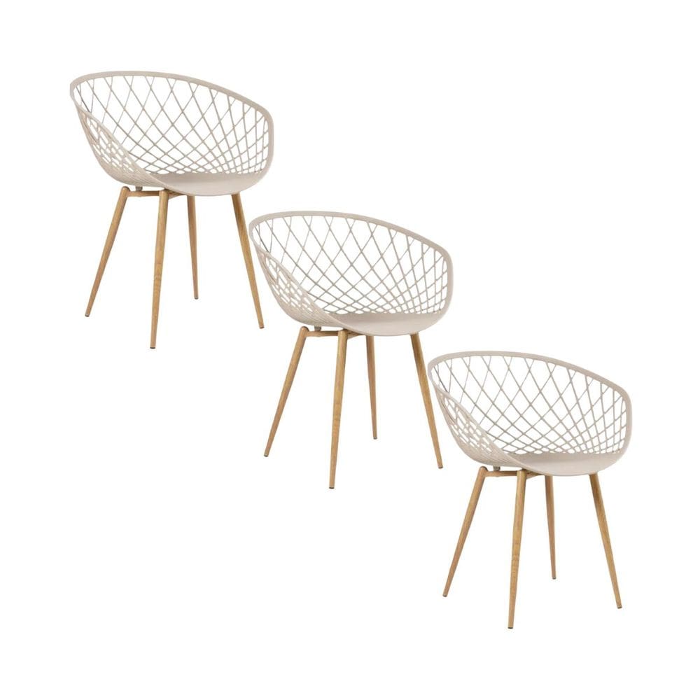 Kit 3 Cadeiras Clarice Nest Wood Com Apoio de Braço Bege