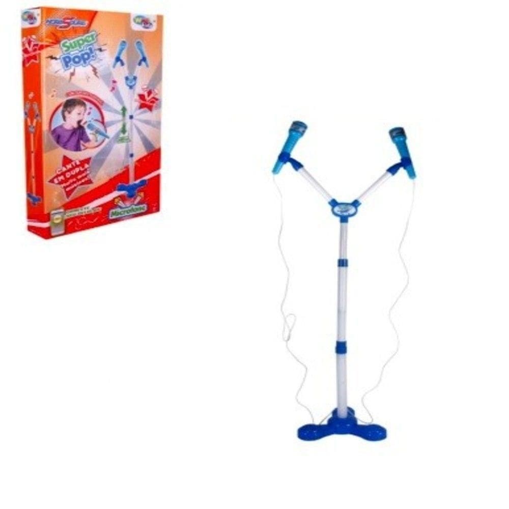 Kit Microfone Duplo Pedestal Infantil Conecta No Celular Som E Luz Led Karaoke Rock Hero Squad
