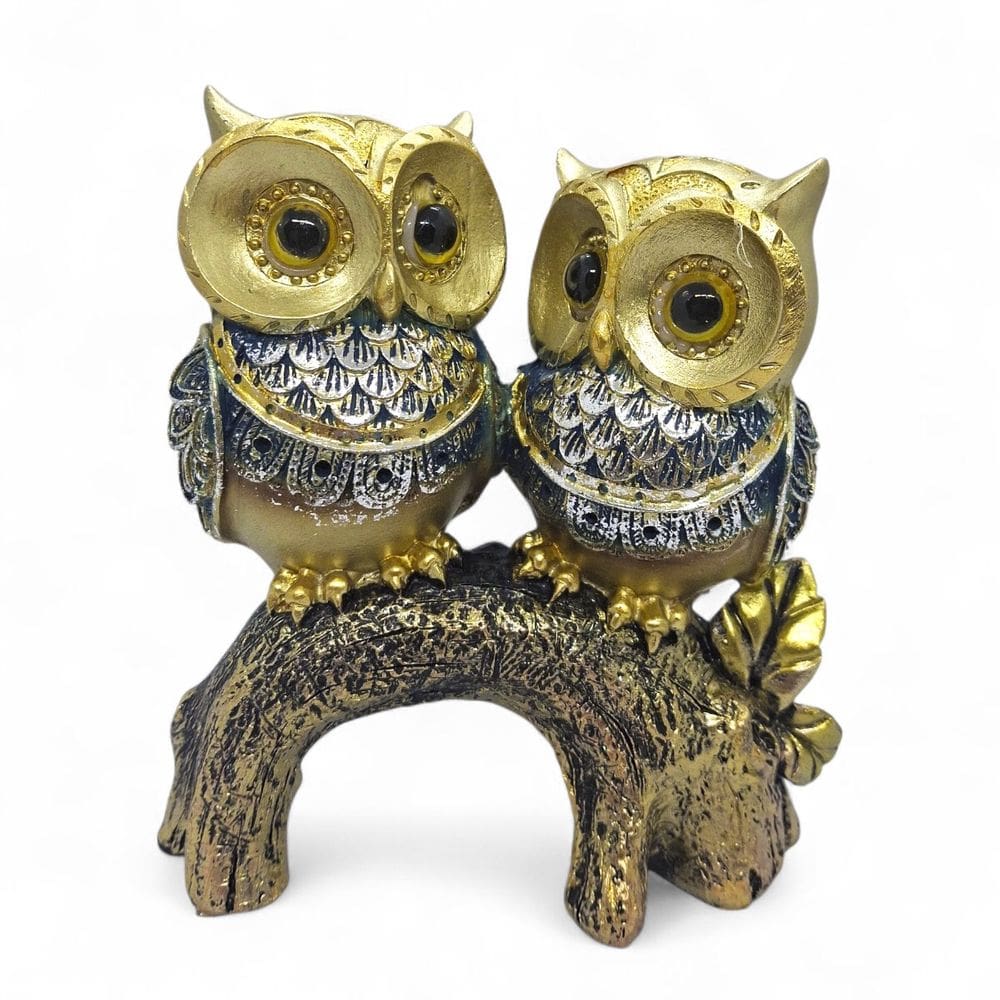 Estátueta Corujas de Resina Dourada Detalhadas 16 cm