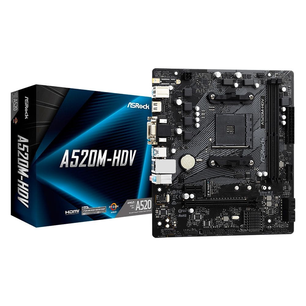 Placa-Mãe ASRock A520M-HDV, Socket AM4, Suporte AMD Ryzen 5000, 2x DDR4, Ultra M.2 (Gen3x4 & SATA3), HDMI SATA III 6Gb/s