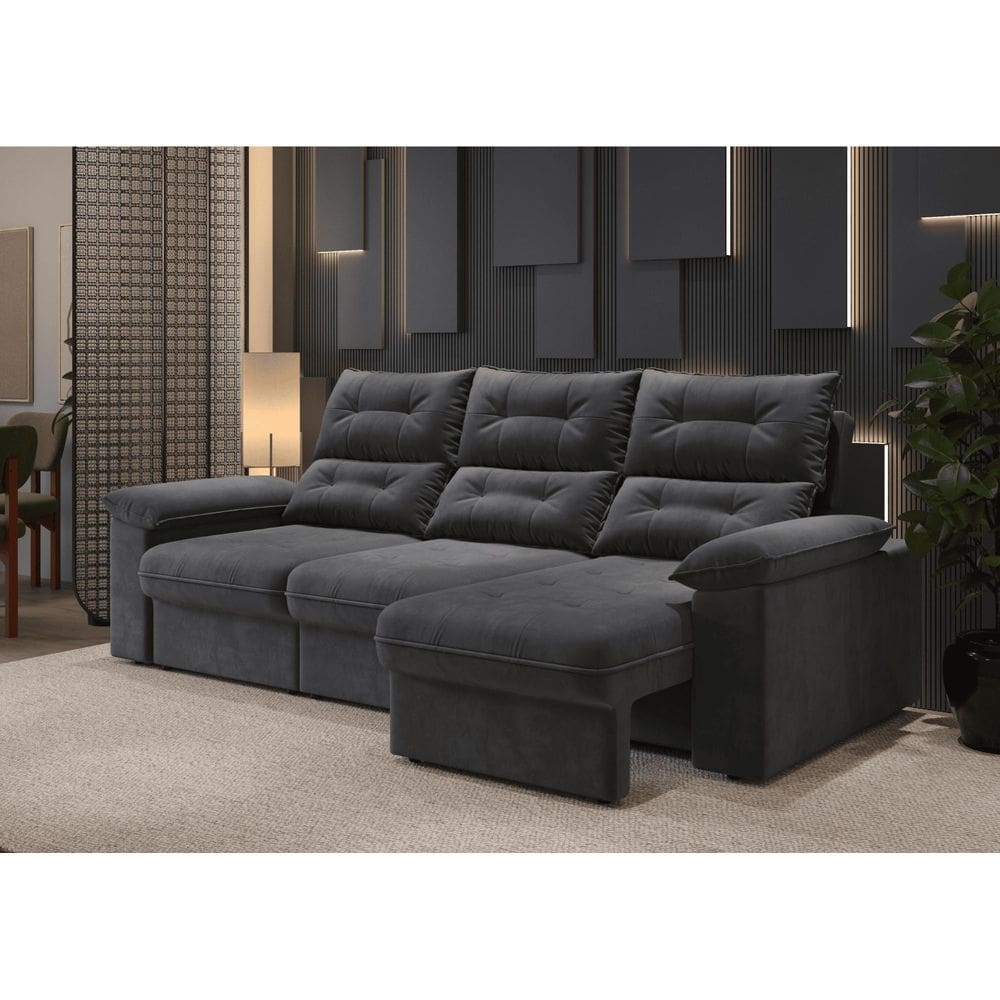 Sofá Copacabana Retrátil e Reclinável 4 Lugares 3 assentos Suede Grafite 230cm