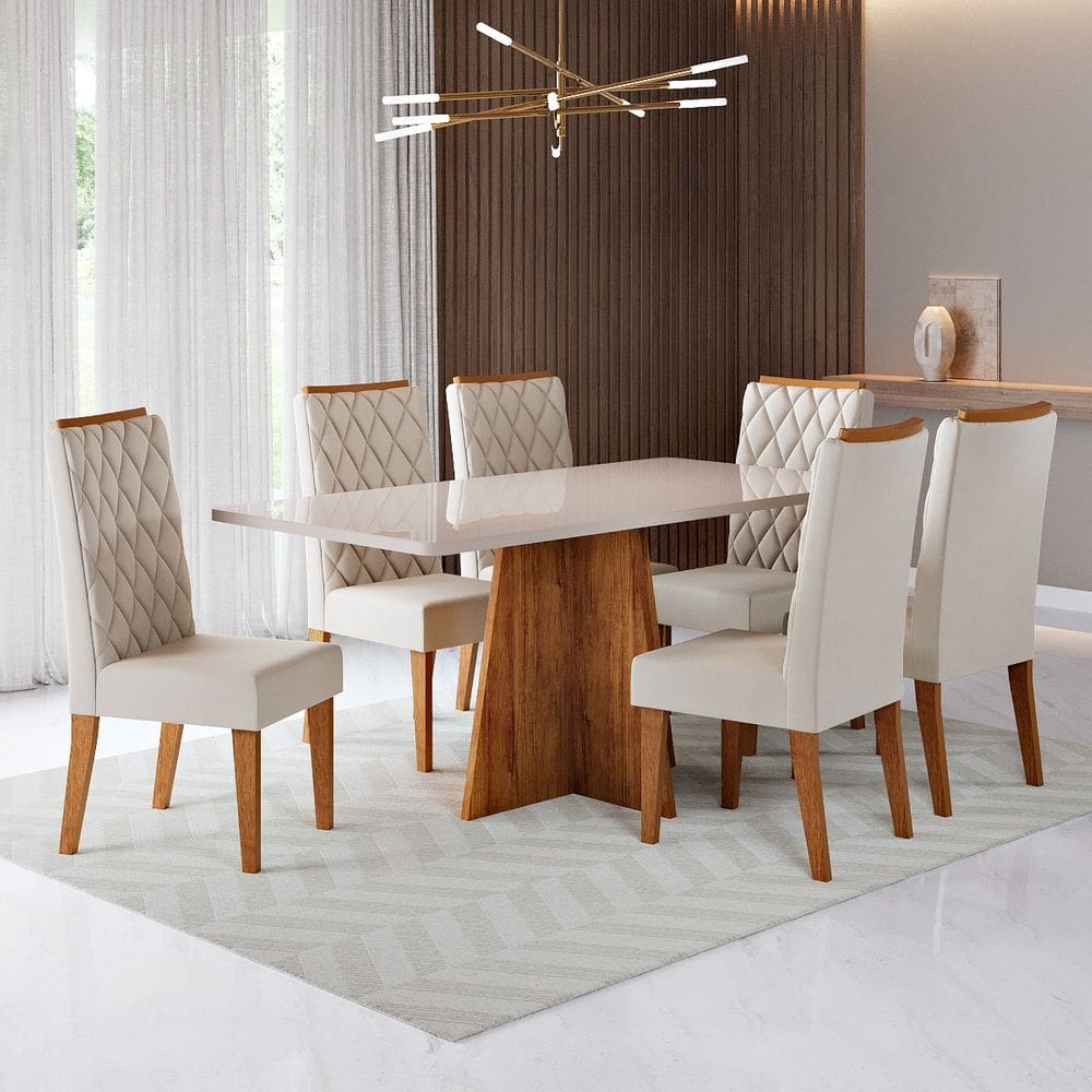 Conjunto Sala de Jantar Talento Mesa 160x80cm e 6 Cadeiras Iza Cobre/Off White/Bege- Casa Giulia