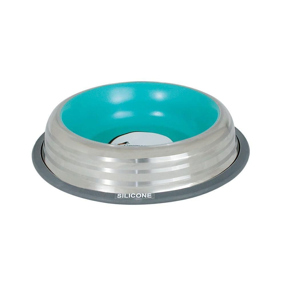 Comedouro Premium Inox Azul 210ml Com Base Em Silicone Para Cães E Gatos
