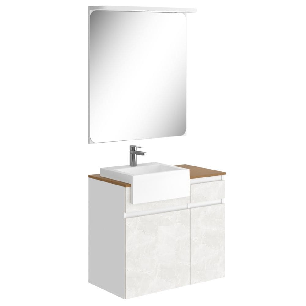 Conjunto Banheiro Gabinete Com Cuba e Espelheira Moira B06 Branco Cristal Noce Amêndoa - Lyam Decor