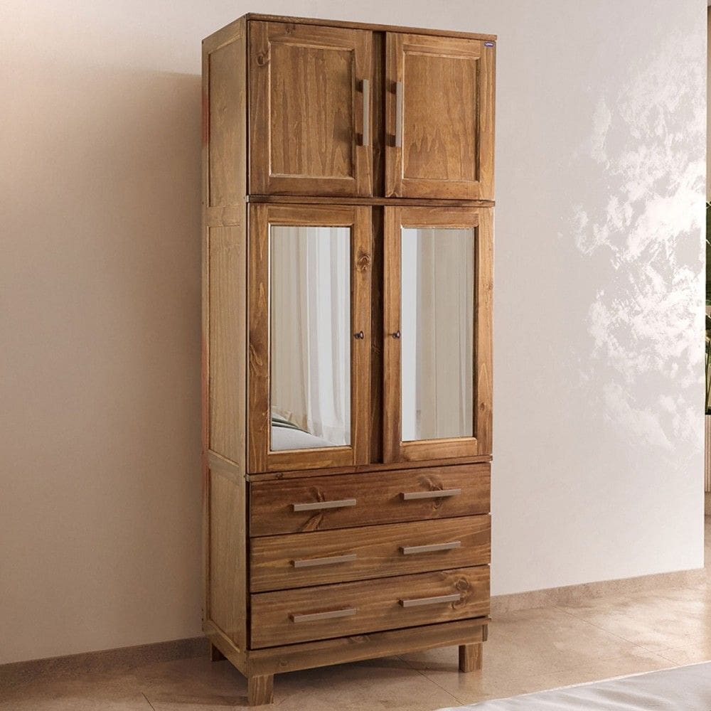 Guarda-Roupa Solteiro Barnabé 4 Portas 3 Gavetas  com Espelho Madeira Maciça Castanho - Pnr Móveis