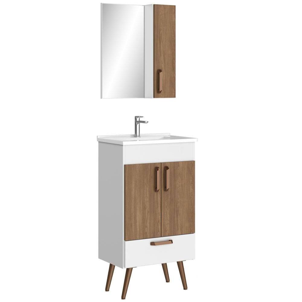 Conjunto Banheiro Gabinete Com Pés 50cm Lavatório e Armário Allegra B06 Branco Carvalho - Lyam Decor