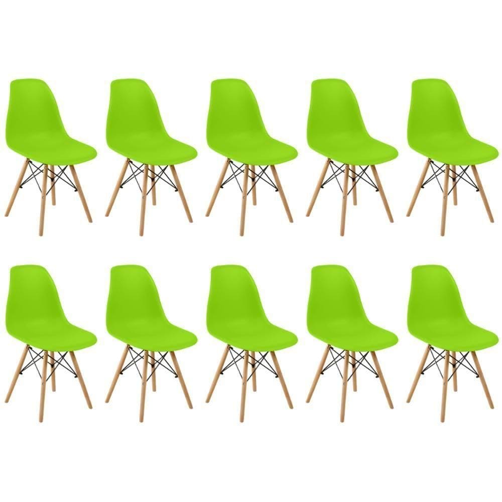 Conjunto 10 Cadeiras Charles Eames Eiffel Wood Base Madeira - Verde