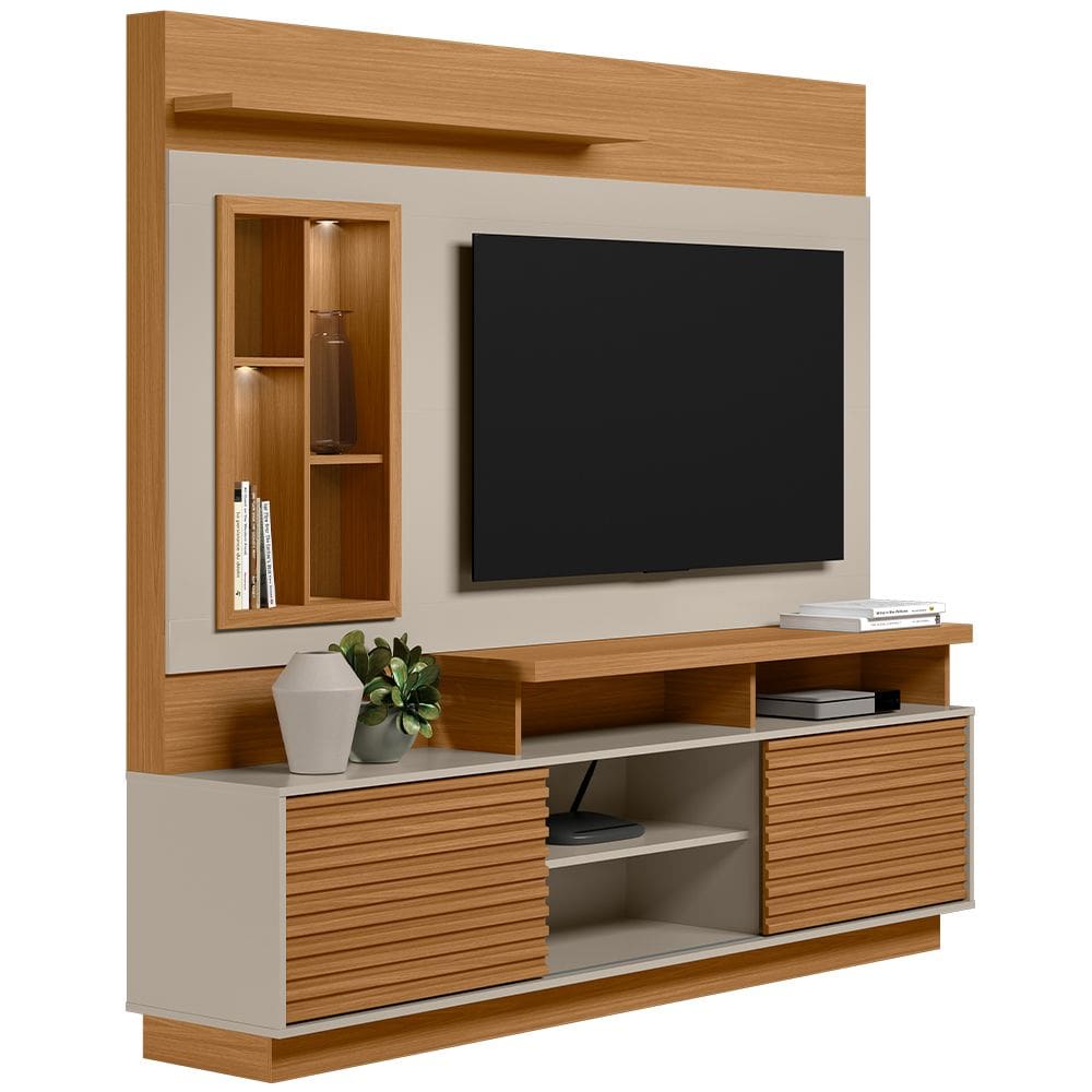 Estante Painel Para TV 60 Pol Com LED 200cm Bacchi L05 Nature Off White - Lyam Decor