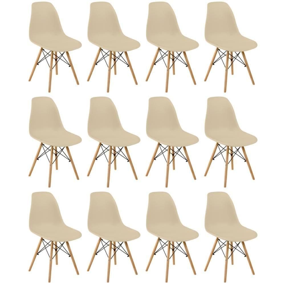 Conjunto 12 Cadeiras Charles Eames Eiffel Wood Base Madeira - Nude