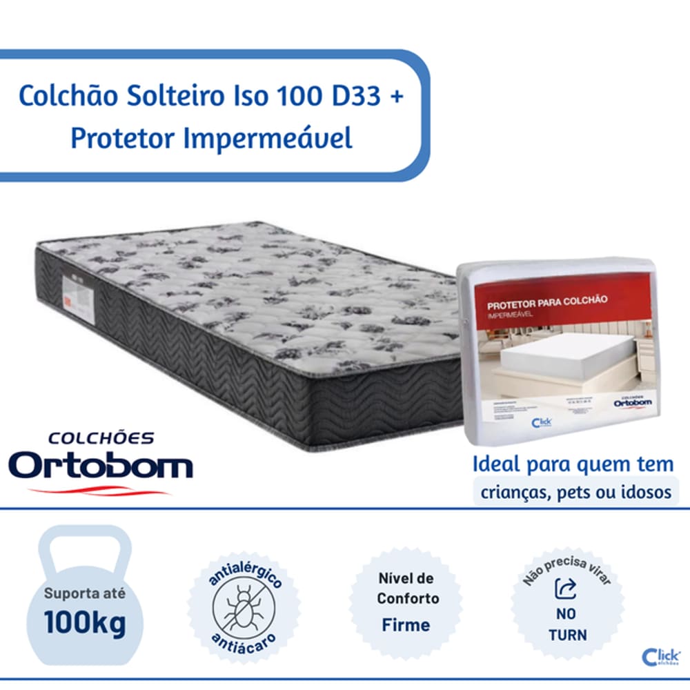 Colchão Ortobom Solteiro Iso 100 D33 88x188x18 + Protetor Impermeável - Tratamento Antialérgico e Antiácaro