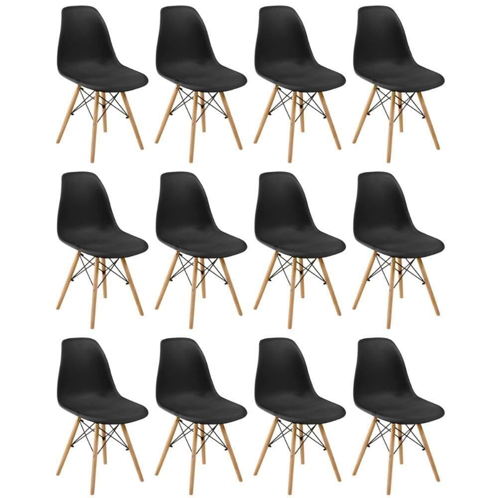 Conjunto 12 Cadeiras Charles Eames Eiffel Wood Base Madeira - Preta