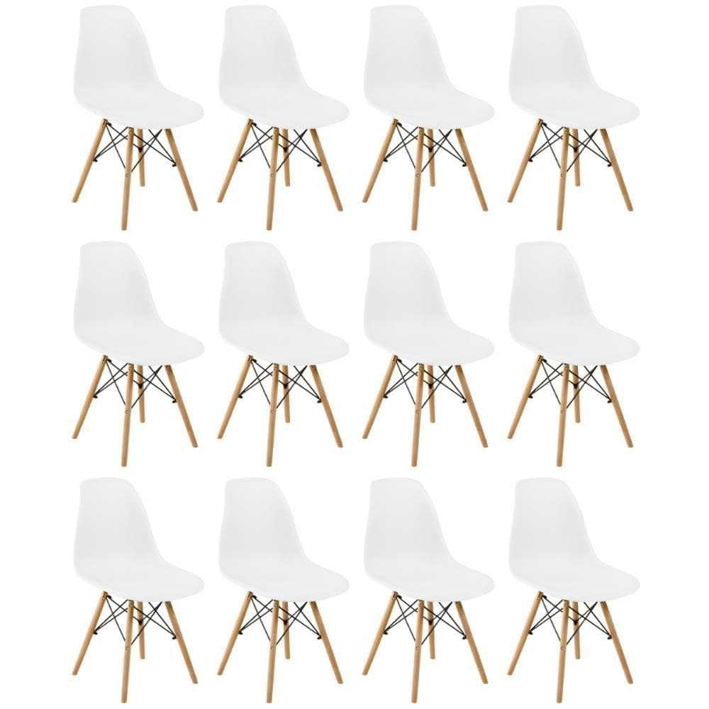 Conjunto 12 Cadeiras Charles Eames Eiffel Wood Base Madeira - Branca