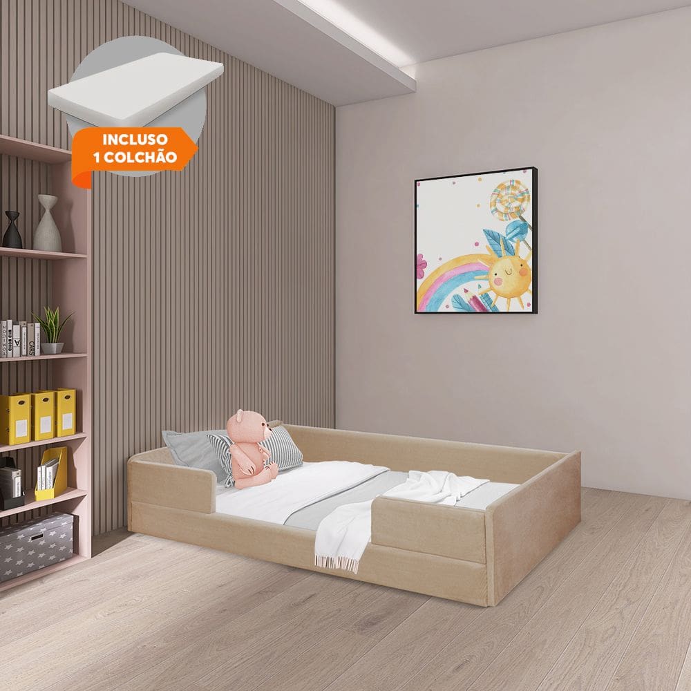 Cama Infantil Montessoriana com Colchão Luana em Madeira Maciça com Revestimento em Tecido Bege