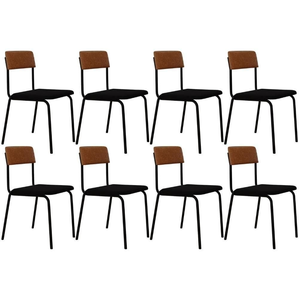 Kit 08 Cadeiras Estofada Para Sala De Jantar Sense Preto C01 Linho Preto Courino Caramelo - Lyam Decor