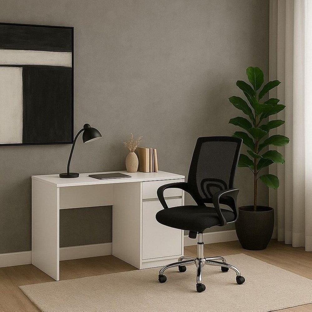 Escrivaninha Office Morada Branca com Cadeira Escritorio Diretor Tela Mesh Tok 3310 Preto Branco/Preto