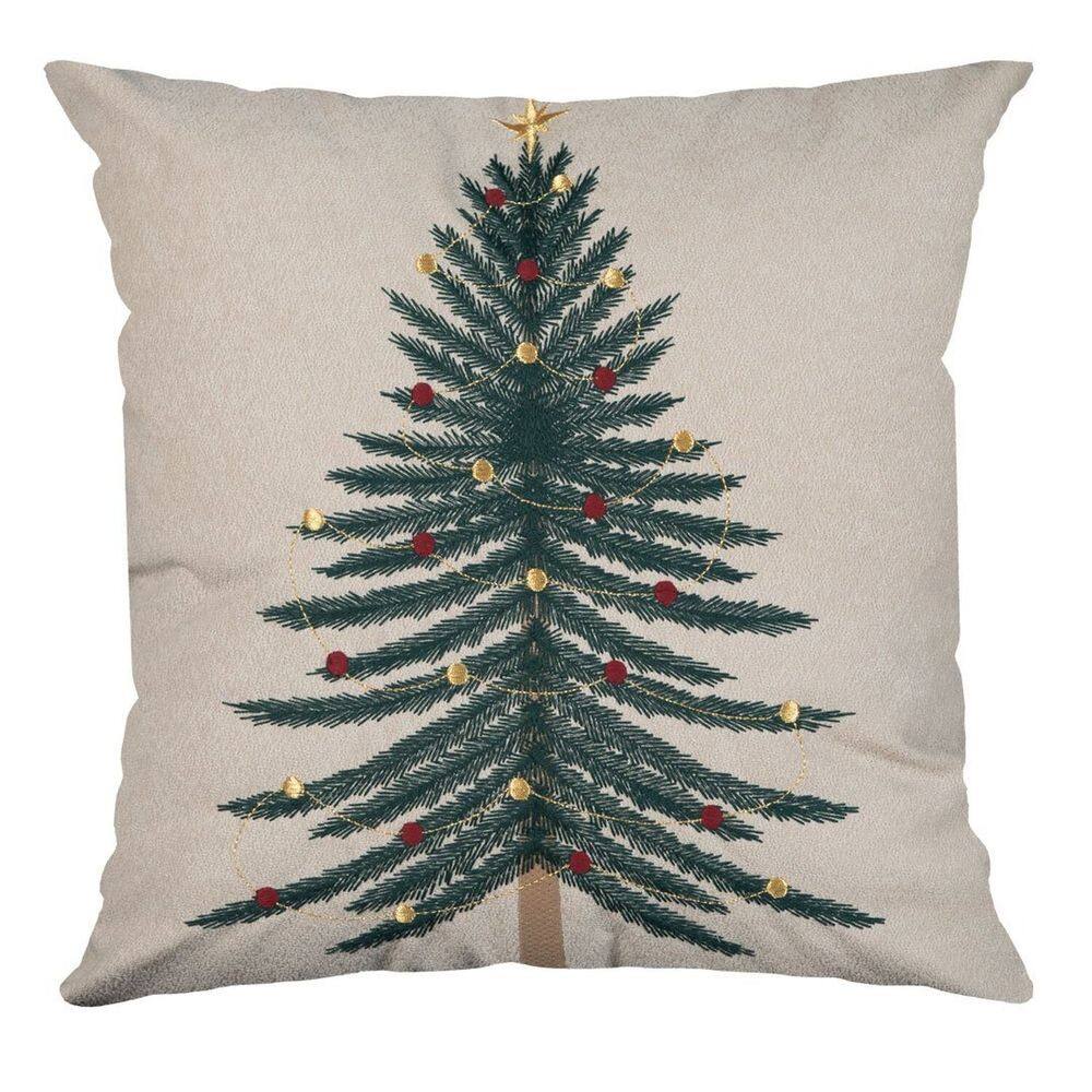 Capa para Almofada Aveludada Bordada Árvore de Natal 4x43cm Bege/Verde