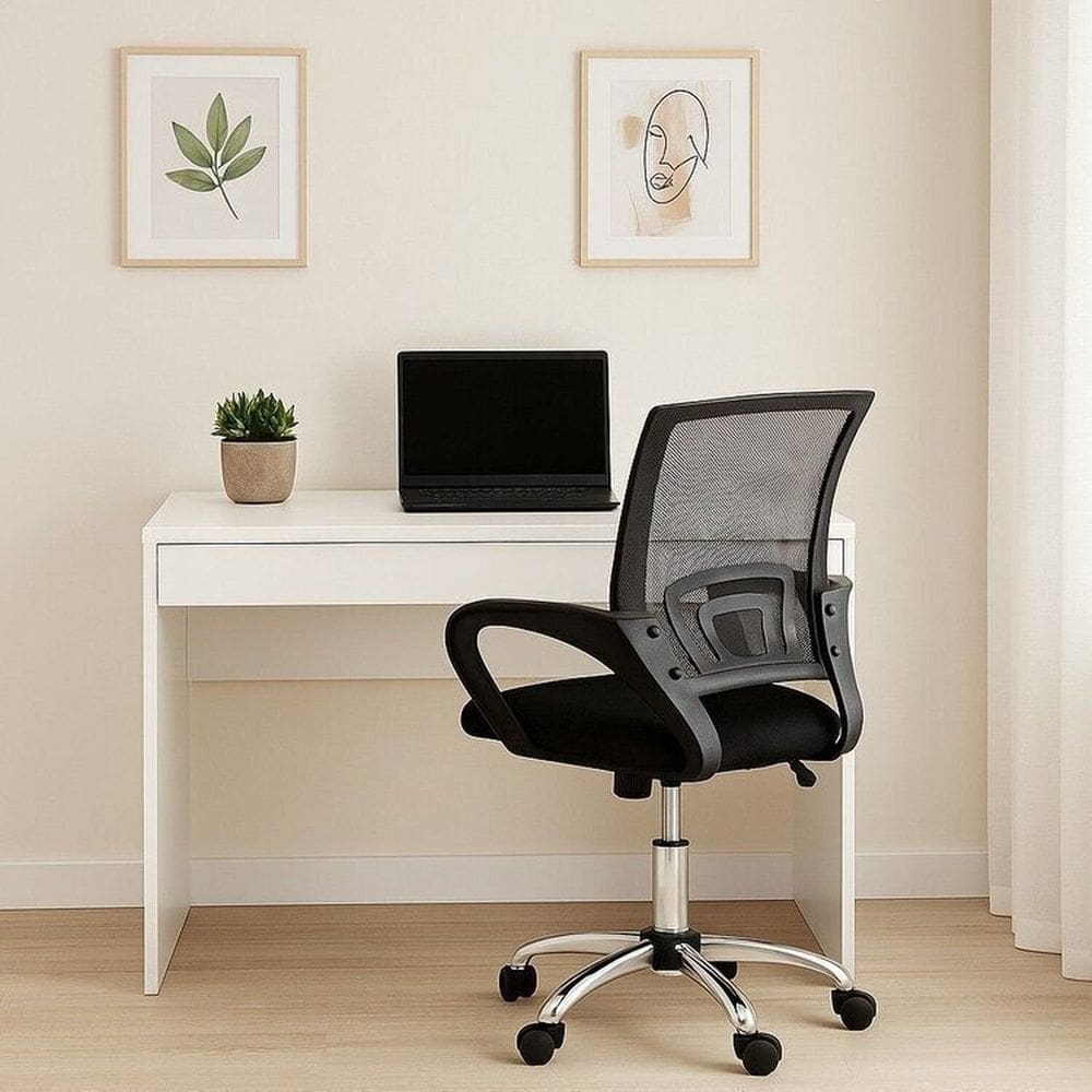 Escrivaninha 91cm 1 Gaveta Facility Branco com Cadeira Escritorio Diretor Tela Mesh Tok 3310 Preto Branco/Preto