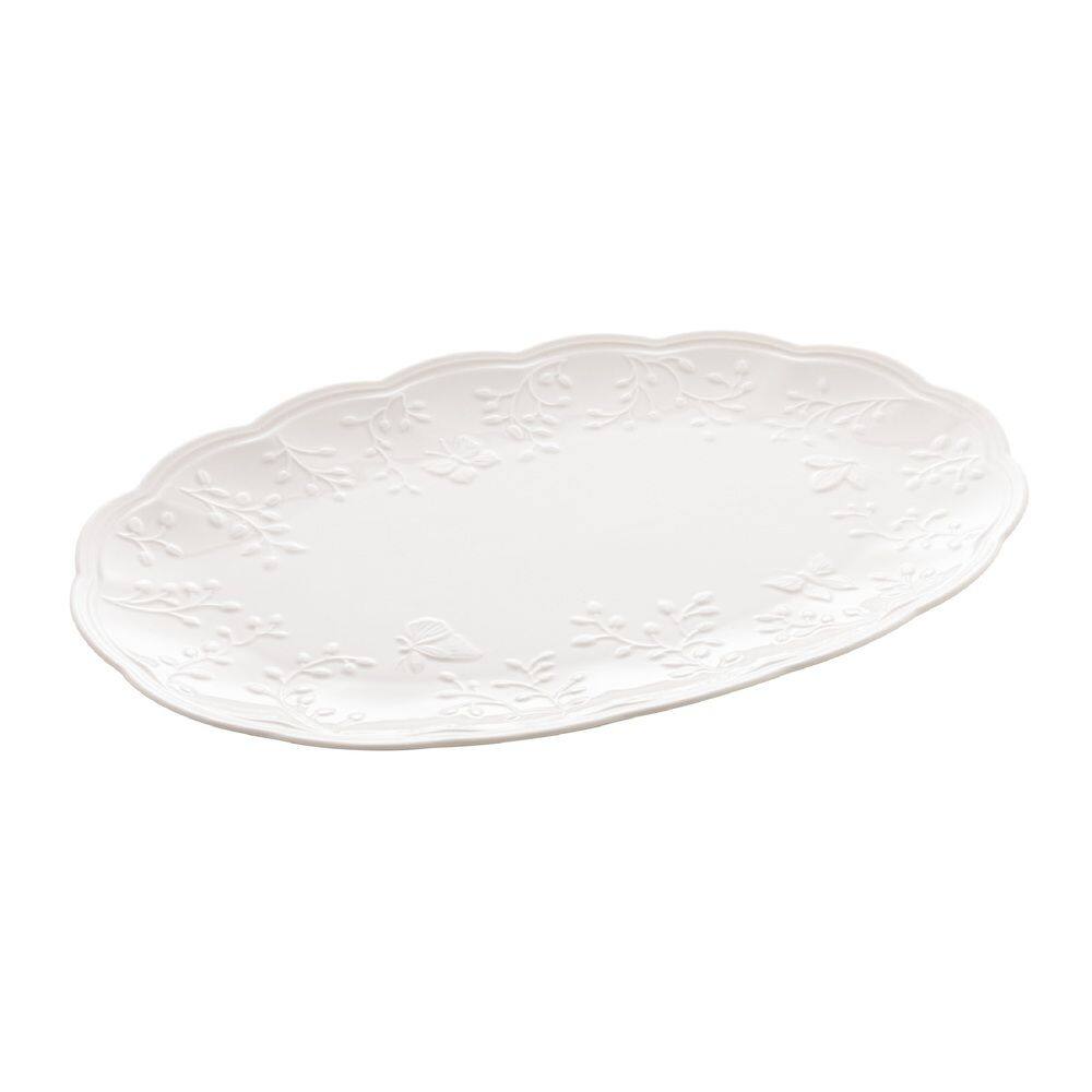 Travessa Oval de Porcelana New Bone Butterfly Flower Branco 42x27,5cm Lyor