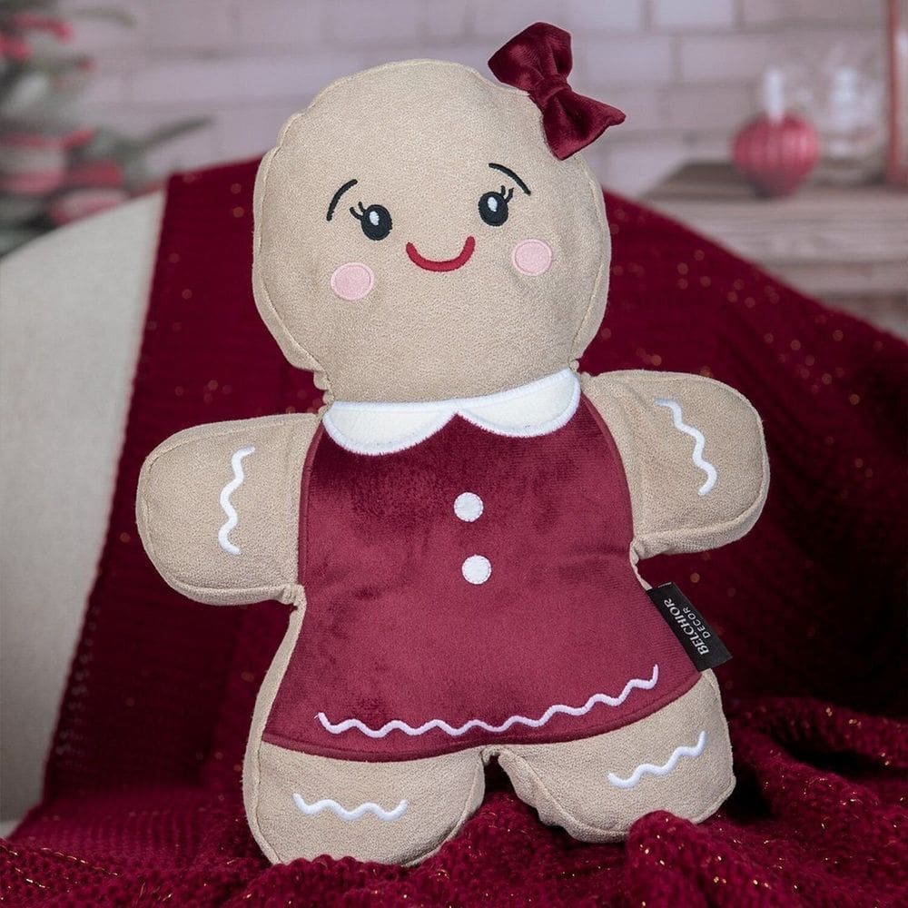 Almofada Natalina Gingerlina com Bordado e Aplicação 26x33cm Natal Bege/Vermelho