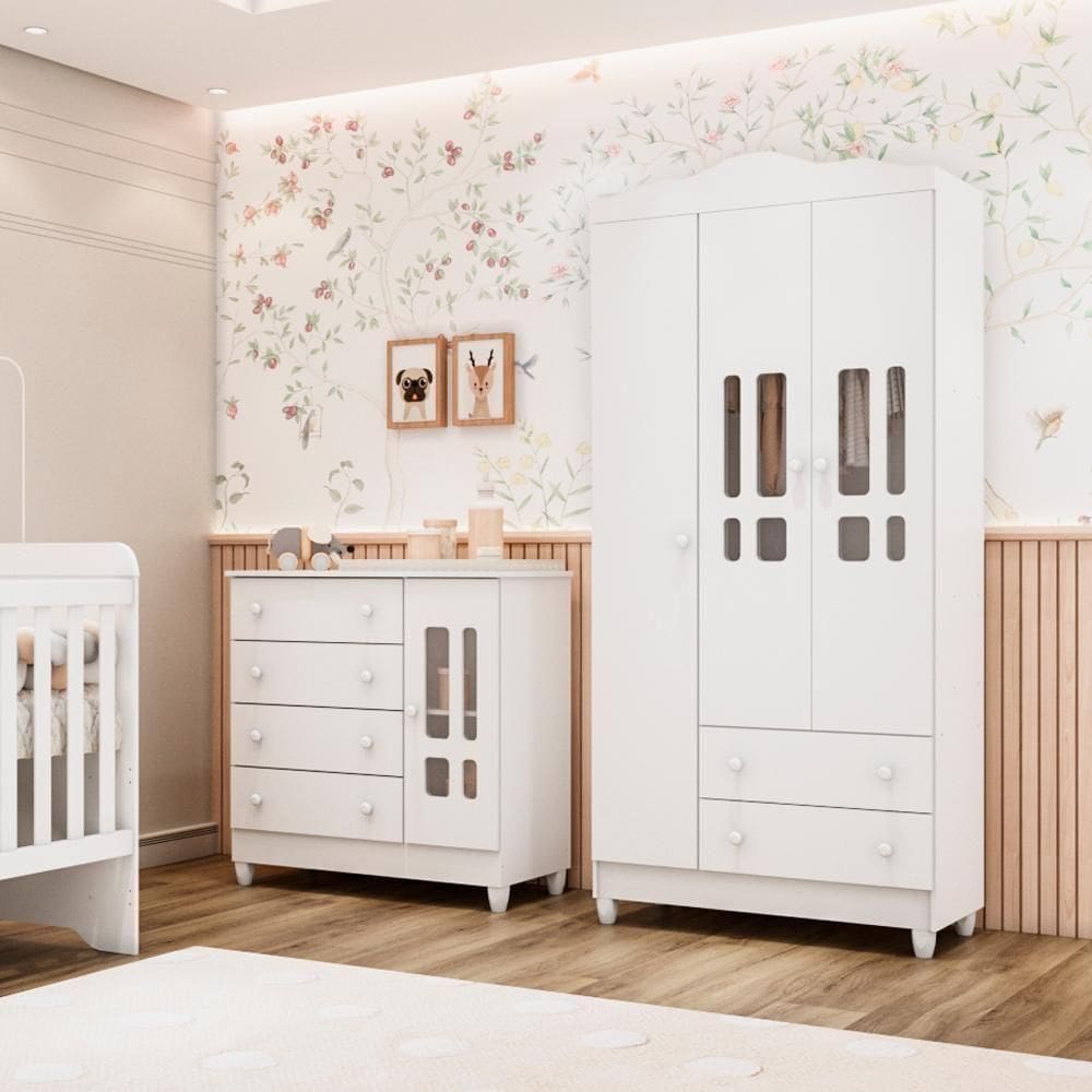 Quarto De Bebê Ariel Guarda Roupa 3 Portas Cômoda Infantil Com Porta Fraldário Branco Carolina Baby