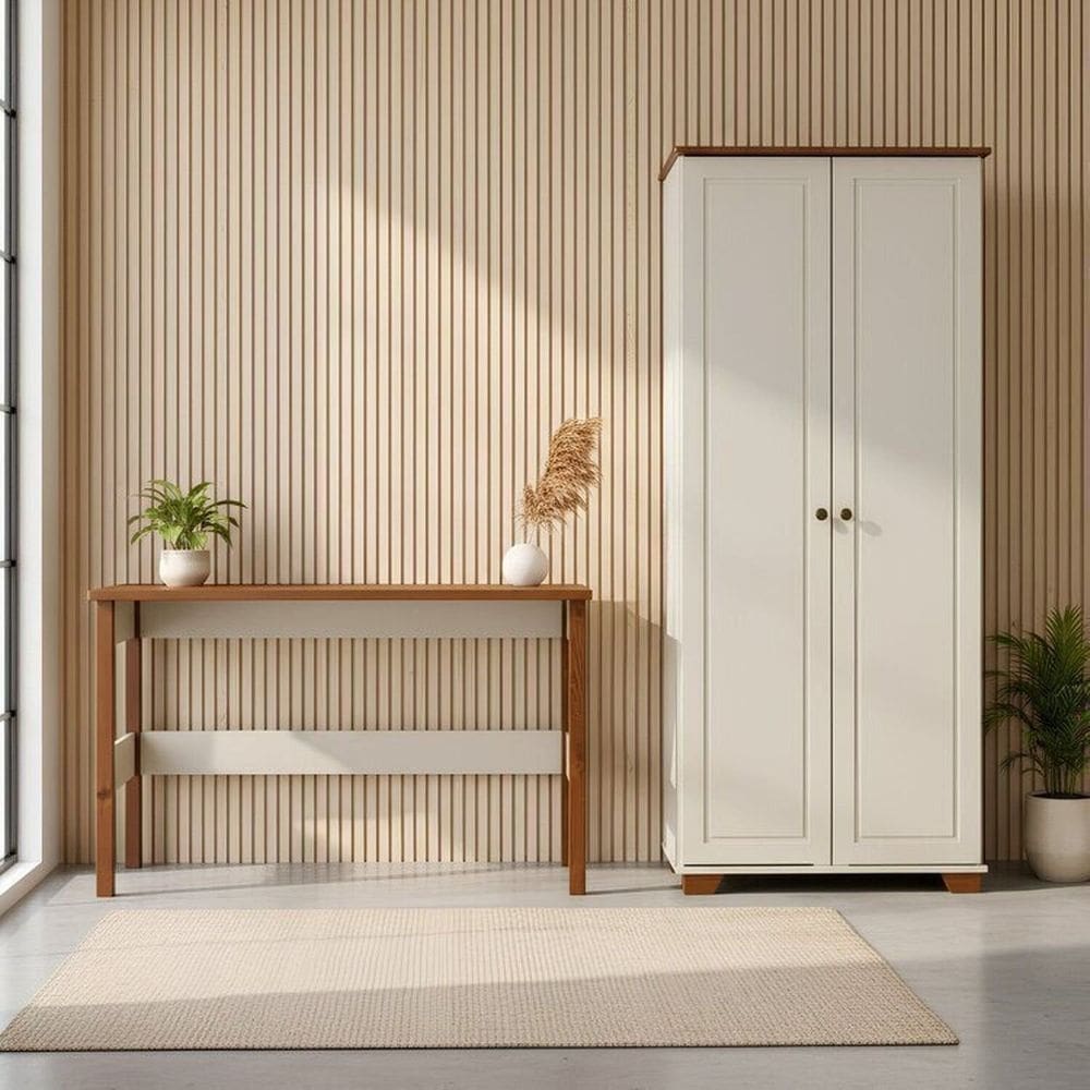 Kit 2 Peças Escrivaninha 120cm e Armário Multiuso Madeira Maciça Ananda Cabecasa Madeiramadeira Off White/Mel