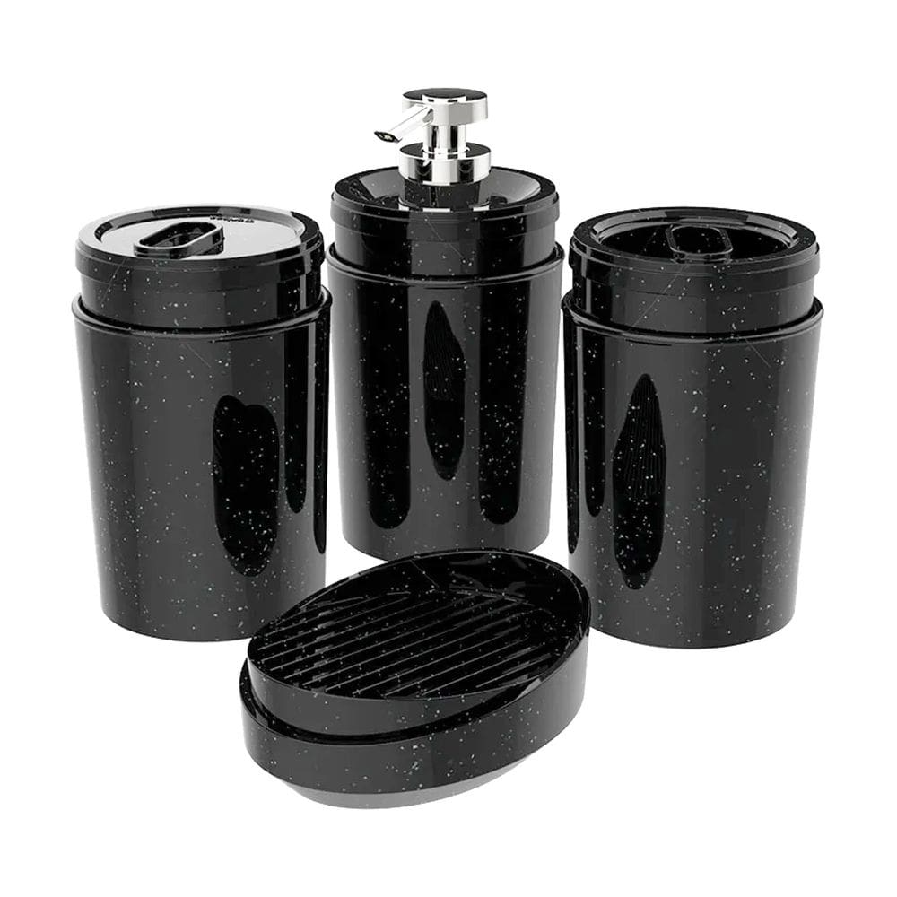 Kit Banheiro 4 Peças Porta Escova Algodão Sabonete Líquido Barra Preto - Stone 405041 Crippa