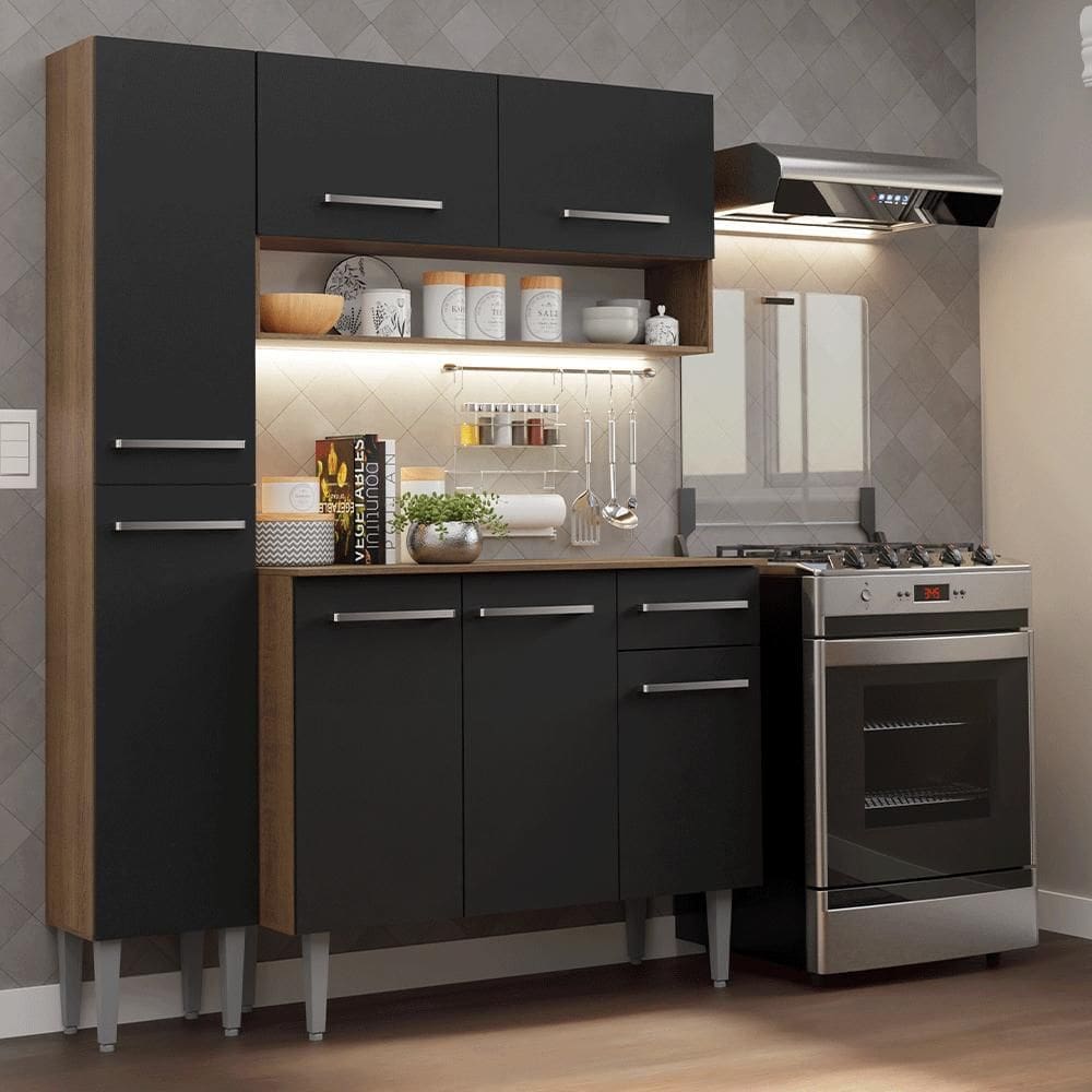 Armário de Cozinha Compacta 137 cm Rustic/Preto Emilly Madesa 011