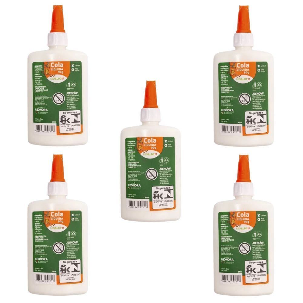 Kit 05 Cola Branca Líquida Universal 90g Escolar Leo & Leo | Papelaria | Material Escolar | Infantil | Artesanato |