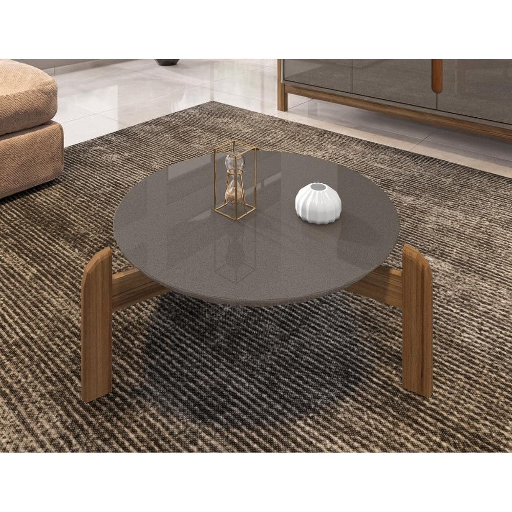 Mesa de Centro Circular para Sala de Estar Lizz Cinza Perola/Cedro